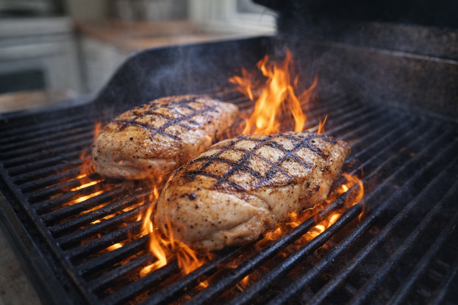 An action shot of chicken breasts grilling on a barbecue grill, flames visible, grill marks on the chicken, close-up angle